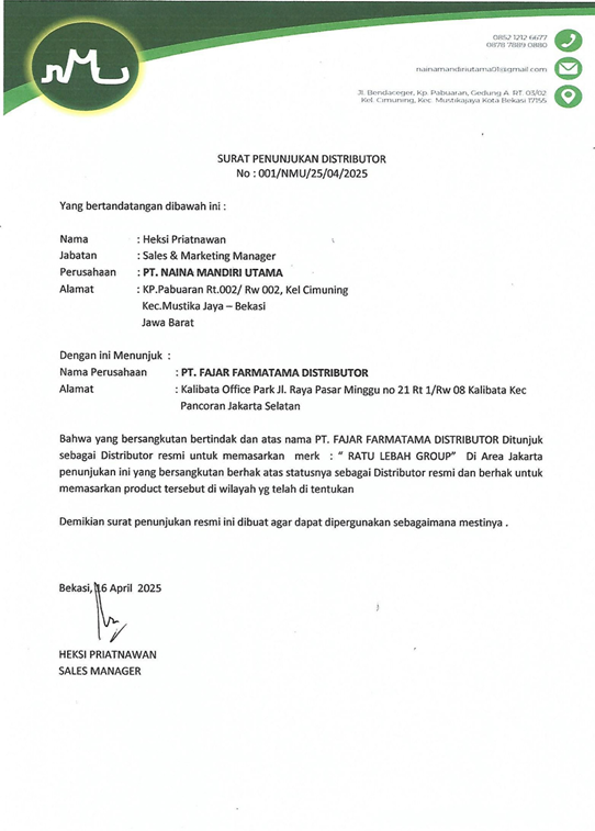 Surat Penunjukan Distributor MADU RATU LEBAH